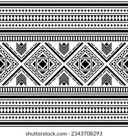 Aztec tribal traditional background design for fabric print and decoration. Seamless ethnic pattern in black and white colors.