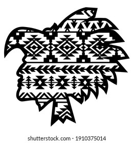 Guerrero tribal azteca con tónica azteca del suroeste. Dibujo vectorial Guerrero de la silueta negra patrón tradicional aislado en blanco para el diseño. 