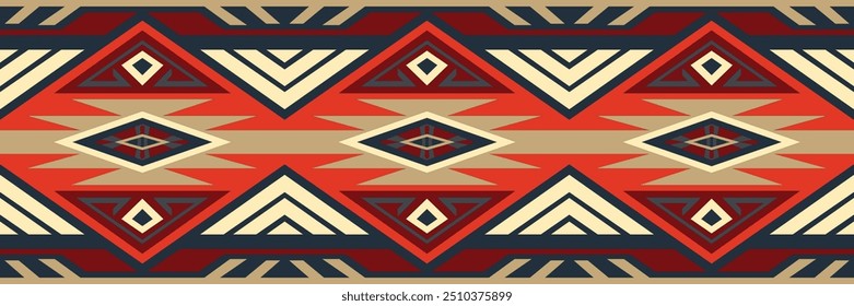 Aztec tribe with colorful and red background Seamless tribal diamond pattern, geometric Aztec ornament. Ethnic designs for wallpapers, clothing, fabrics, textiles, tiles, prints, carpets.