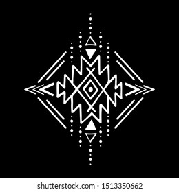 Aztec vector element, ethnic hand drawn ornament. Tribal design, geometric symbol for border, frame, tattoo, logo, card, decorative paper. Navajo motif, isolated on black background.