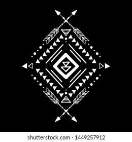 Aztec vector element, ethnic ornament. Tribal design, geometric symbol for tattoo, logo, cards, decorative works. Navajo motif, isolated on black background.