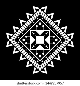 Aztec vector element, ethnic ornament. Tribal design, geometric symbol for tattoo, logo, cards, decorative works. Navajo motif, isolated on black background.