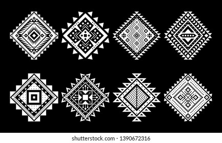 Aztec vector elements. Set of ethnic ornaments. Tribal design, geometric symbols for tattoo, logo, cards, decorative works. Navajo motifs, isolated on black background.