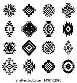 Aztec vector elements. Set of ethnic ornaments. Tribal design, geometric symbols for tattoo, logo, cards, decorative works. Navajo motifs, isolated on white background.