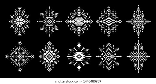 Aztec vector elements. Set of ethnic ornaments. Tribal design, geometric symbols for border, frame, tattoo, logo, cards, decorative paper. Navajo motifs, isolated on black background.