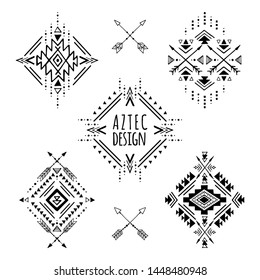 Aztec vector elements. Set of ethnic hand drawn ornaments. Tribal design, geometric symbols for border, frame, tattoo, logo, cards, decorative paper. Navajo motifs, isolated on white background.