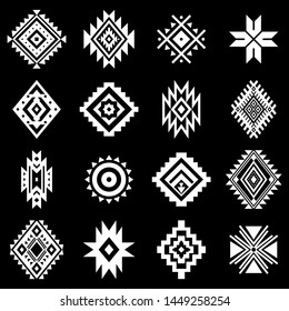 Aztec vector elements. Set of ethnic ornaments. Tribal design, geometric symbols for tattoo, logo, cards, decorative works. Navajo motifs, isolated on black background.