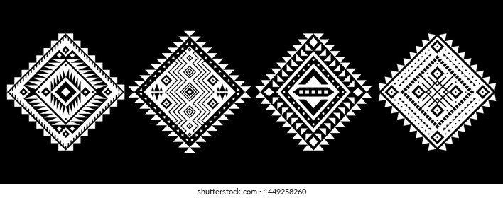 Aztec vector elements. Set of ethnic ornaments. Tribal design, geometric symbols for tattoo, logo, cards, decorative works. Navajo motifs, isolated on black background.