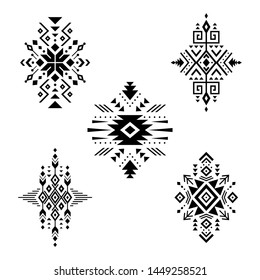 Aztec vector elements. Set of ethnic ornaments. Tribal design, geometric symbols for tattoo, logo, cards, decorative works. Navajo motifs, isolated on white background.