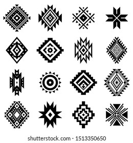Aztec vector elements. Set of ethnic ornaments. Tribal design, geometric symbols for tattoo, logo, cards, decorative works. Navajo motifs, isolated on white background.