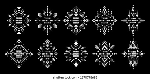 Aztec vector elements. Set of ethnic ornaments. Tribal design, geometric symbols for border, frame, tattoo, logo, cards, decorative works. Navajo motifs, isolated on black background.