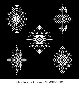 Aztec vector elements. Set of ethnic ornaments. Tribal design, geometric symbols for border, frame, tattoo, logo, cards, decorative paper. Navajo motifs, isolated on black background.