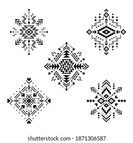 Aztec vector elements. Set of ethnic ornaments. Tribal design, geometric symbols for border, frame, tattoo, logo, cards, decorative paper. Navajo motifs, isolated on white background.