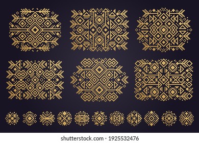 Elementos vectoriales aztecos. Conjunto de ornamentos étnicos. Diseño tribal, símbolos geométricos para borde, marco, tatuaje, logo, tarjetas, trabajos decorativos. Motivos navajos, aislados de fondo negro. Vector