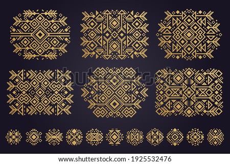 Aztec vector elements. Set of ethnic ornaments. Tribal design, geometric symbols for border, frame, tattoo, logo, cards, decorative works. Navajo motifs, isolated on black background. Vector