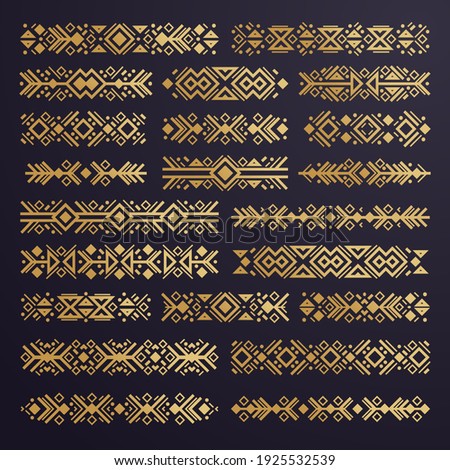 Aztec vector elements. Set of ethnic ornaments. Tribal design, geometric symbols for border, frame, tattoo, logo, cards, decorative works. Navajo motifs, isolated on black background. Vector