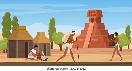 Aztec village landscape with tribe people, ancient maya civilization vector illustration. Cartoon altar pyramid building, walking mayan aztec characters among hut houses, woman cooking food background