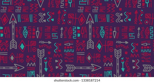 Aztec violet colors drawing seamless pattern with stripes tribal vector illustration ready for print bohemian chic women theme.