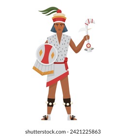 Guerrero azteca de la antigua tribu, hombre en el escudo de la corona de la cabeza y ilustración de vectores de armas