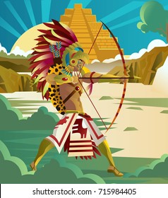 aztec warrior with bow and arrow in the jungle