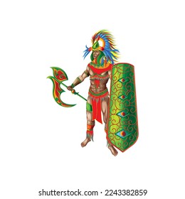 aztec warrior character grabing weapon illustration