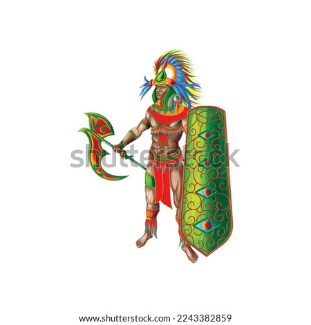 aztec warrior character grabing weapon illustration