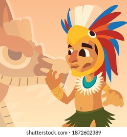 aztec warrior with feathered headgear and snake background vector illustration