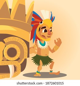 aztec warrior with headgear and golden ornament culture vector illustration