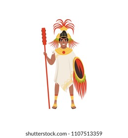 Aztec warrior man character in traditional clothes and headdress standing with shield and spear vector Illustration on a white background
