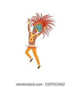 Aztec warrior man character in traditional clothes and headdress dancing vector Illustration on a white background