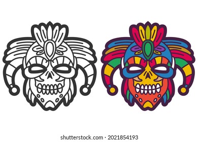Aztec warrior mask vector cartoon illustration isolated on a white background.