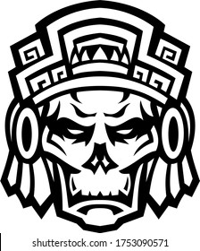 Aztec Warrior Skull Viewed From Front Mascot Black and White