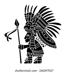 Aztec warrior with a spear. Mexican traditional historical character. Vector illustration
