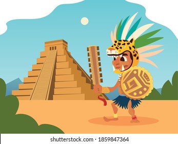 aztec warrior tiger headgear shield and pyramid landscape vector illustration