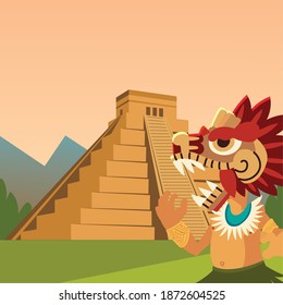 aztec warrior traditional ancient snake pyramid culture vector illustration