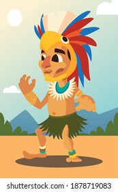 aztec warrior in traditional clothes and headgear landscape vector illustration