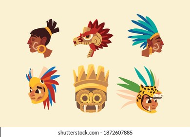 aztec warriors in feather headgear snake set icons vector illustration