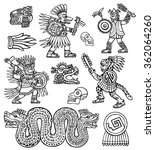 Aztec warriors, skull, jaguar and snake vector ink illustration set