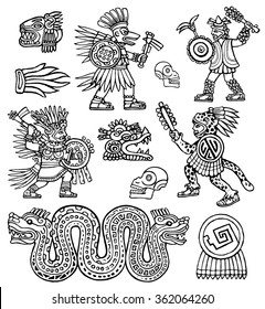 Aztec warriors, skull, jaguar and snake vector ink illustration set