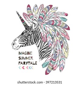 aztec zebra unicorn, summer art print 