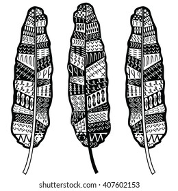 Aztec zentangle style feathers symbolizing native American culture in black and white with tribal ornaments 