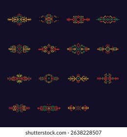 Aztec-inspired abstract graphic elements featuring ethnic motifs, borders, and decorative patterns in trendy black vector style. Perfect for prints, designs, emblems, and boho-themed projects.

