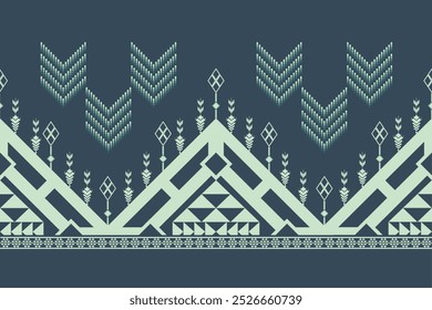 Aztec-inspired border pattern in teal and mint. Features intricate geometric shapes, chevrons, and traditional Native American motifs. Idea for textile designs, ethnic decor, and tribal-themed.