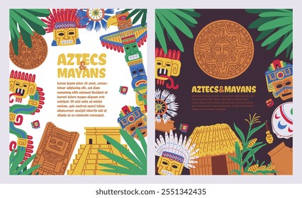 Aztecs and Mayans native ethnic culture posters set. Traditional religious totem pole with decorated tribal masks, pyramids vector design. Cartoon craft indigenous aborigine or warrior sculpture