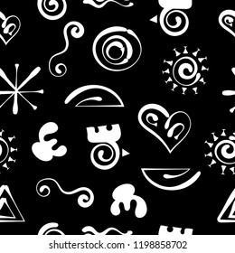 Aztecs seamless pattern, paper wrapping, primitive ancient stylized tribal symbols, stylish vector doodle cartoon background with funny abstract shapes