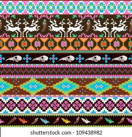 Aztecs Seamless Pattern With Skull, Leaf, Feather, Flowers And Dear