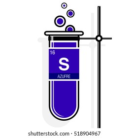 Azufre symbol - Sulfur in Spanish language - on label in a violet test tube with holder. Element number 16 of the Periodic Table of the Elements - Chemistry 