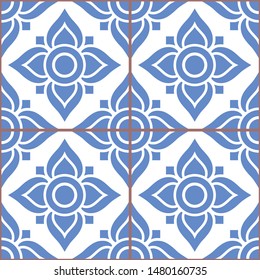 Azujelo Lisbon tile vector pattern - Lisbon tiles seamless design with flowers , tile decor in navy blue - Portuguese retro tile ornament, repetitve mosaic. Ornamental textile background