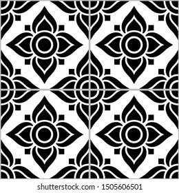 Azujelo Lisbon tile vector pattern - Lisbon tiles seamless design with flowers , tile decor in black and white - Portuguese retro tile ornament, repetitve mosaic. 
Ornamental monochrome textile 