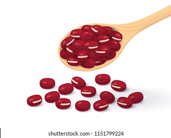 Azuki, Adzuki beans, Red beans in a wooden spoon Flat design, isolated white background.